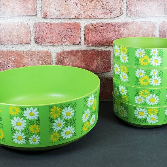 Vintage Green Daisy Aladdinware Plastic Salad Bowls Set | Retro Mod Flower Servi - Picture 4 of 8